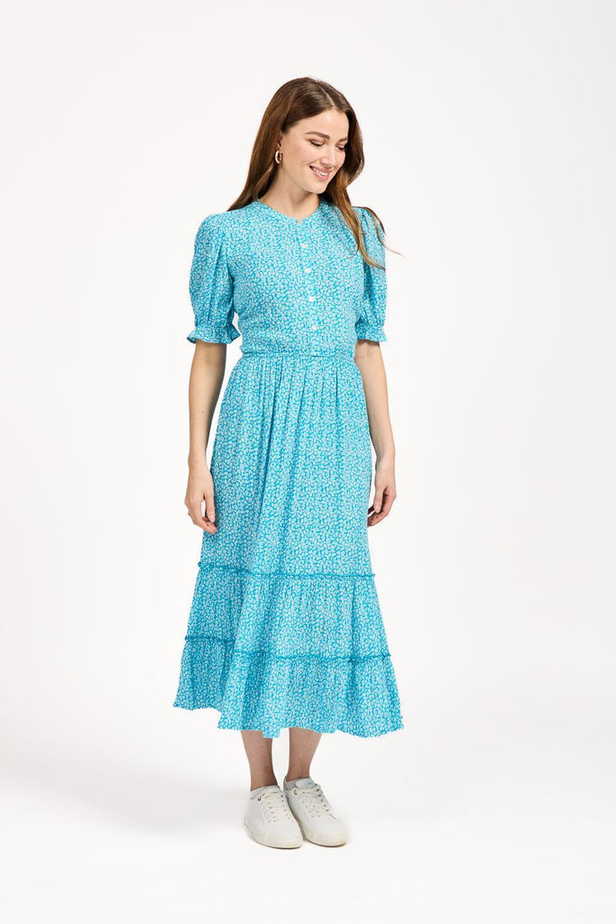 Ditsy Print Button Up Dress With Ruffles - Blue-Dresses-Paco