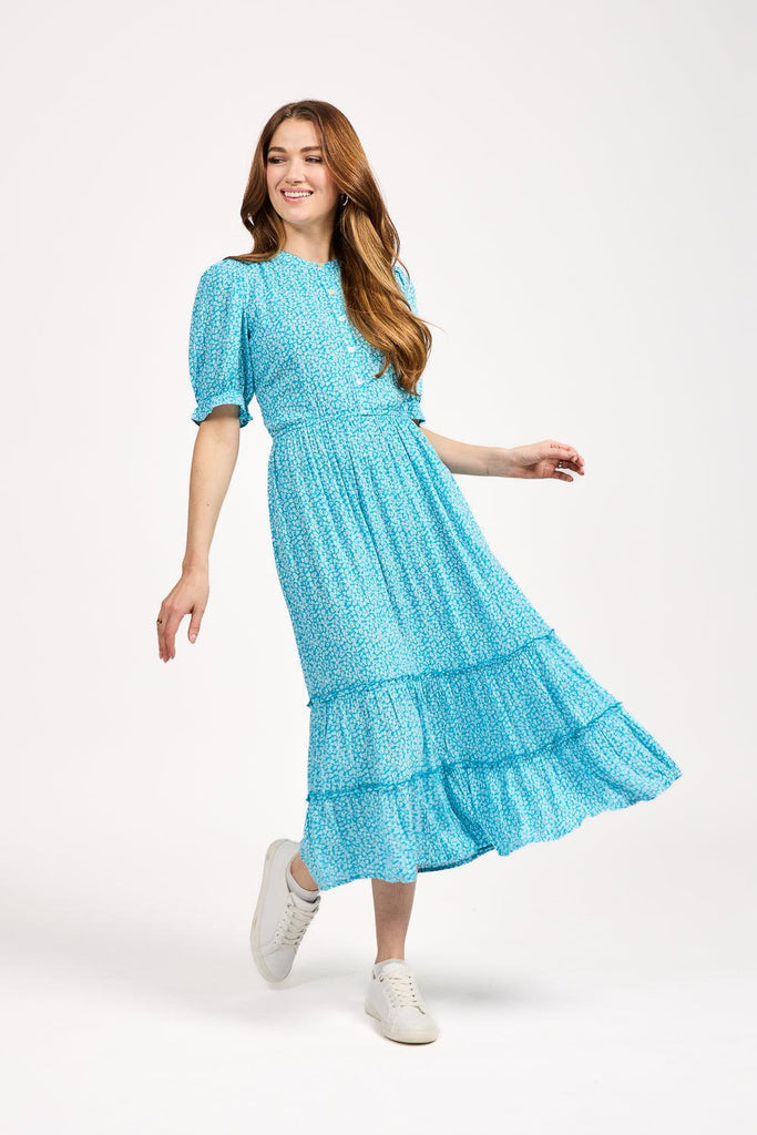 Ditsy Print Button Up Dress With Ruffles - Blue-Dresses-Paco