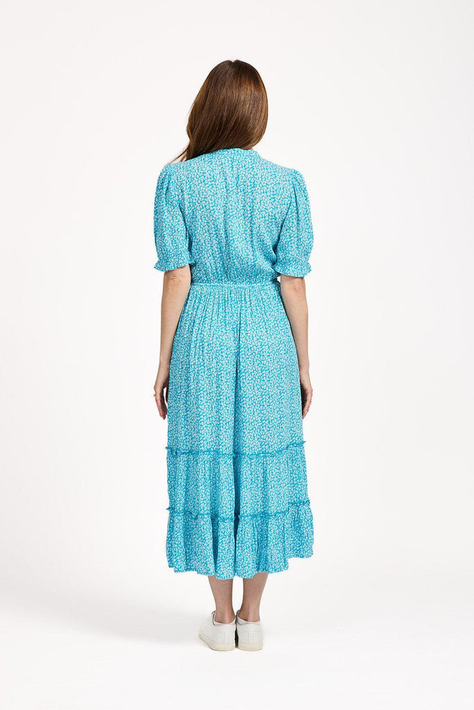 Ditsy Print Button Up Dress With Ruffles - Blue-Dresses-Paco