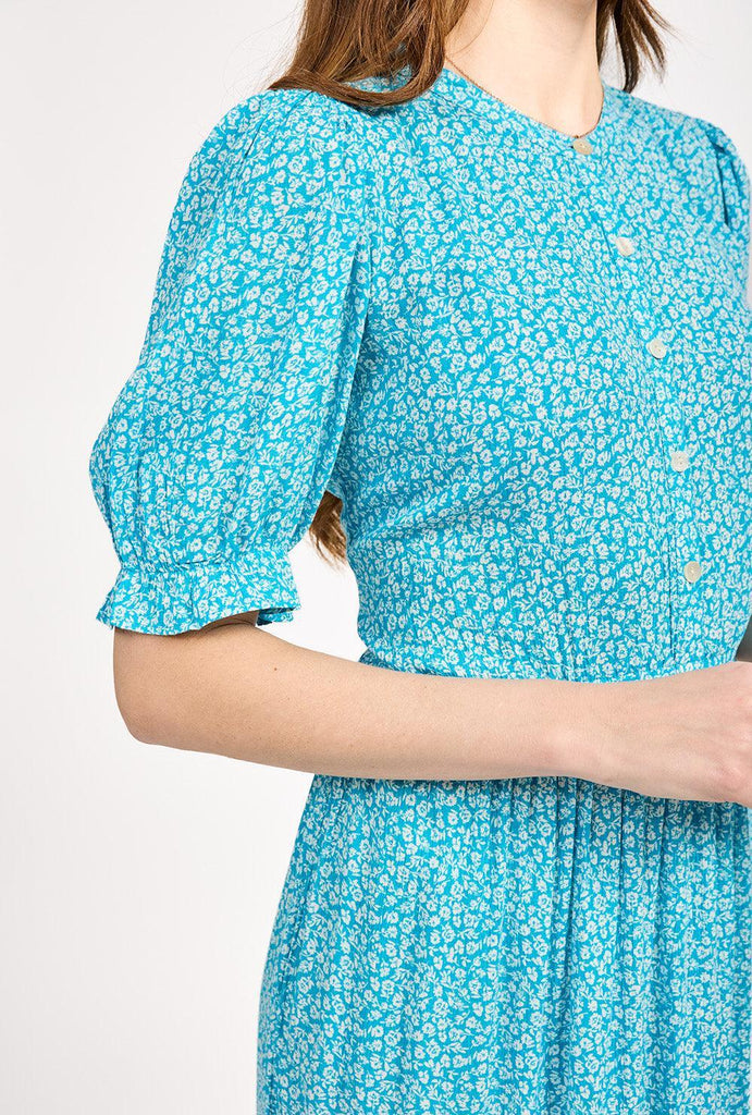 Ditsy Print Button Up Dress With Ruffles - Blue-Dresses-Paco