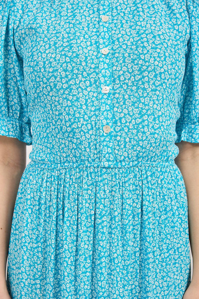 Ditsy Print Button Up Dress With Ruffles - Blue-Dresses-Paco
