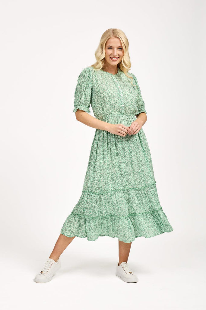 Ditsy Print Button Up Dress With Ruffles - Green-Dresses-Paco