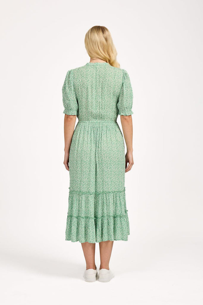 Ditsy Print Button Up Dress With Ruffles - Green-Dresses-Paco