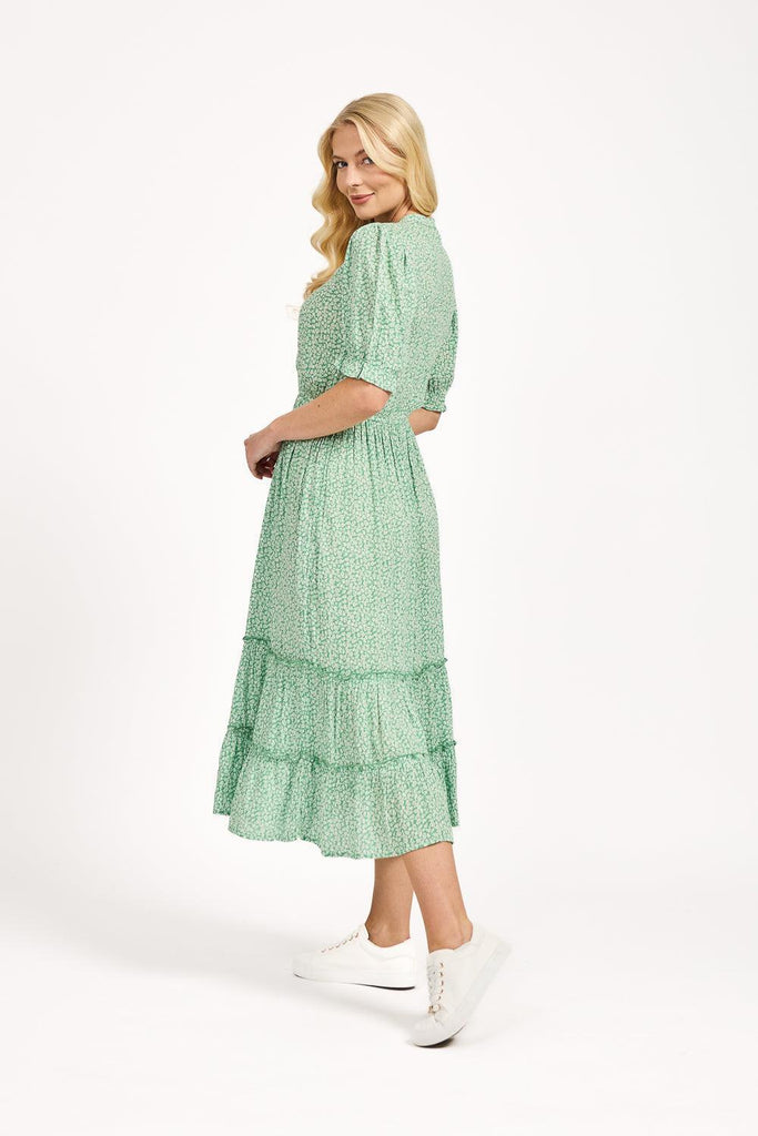 Ditsy Print Button Up Dress With Ruffles - Green-Dresses-Paco