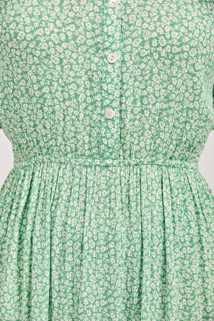 Ditsy Print Button Up Dress With Ruffles - Green-Dresses-Paco