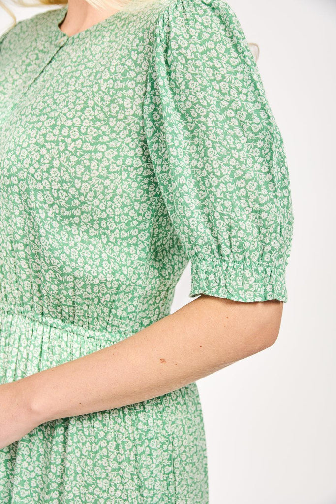 Ditsy Print Button Up Dress With Ruffles - Green-Dresses-Paco