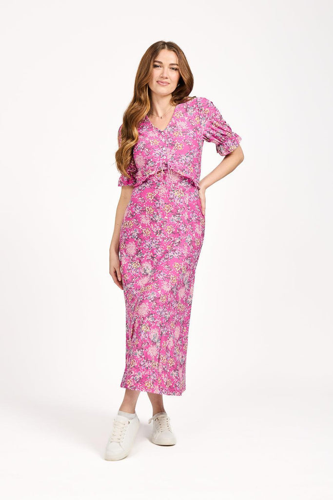 Ditsy Print Tie Front Dress - Pink-Dresses-Paco