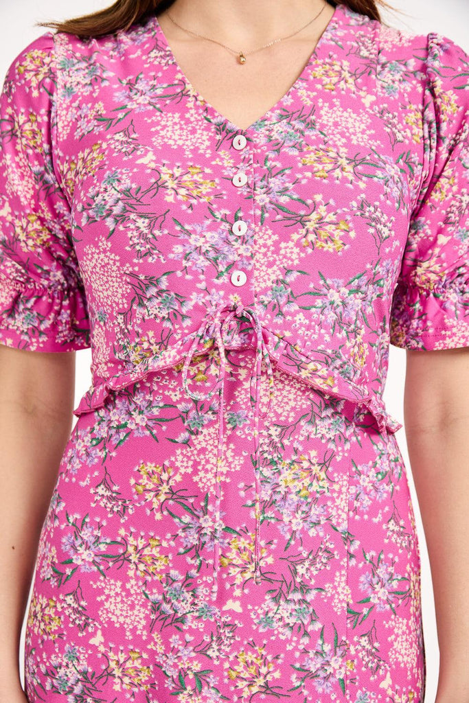 Ditsy Print Tie Front Dress - Pink-Dresses-Paco