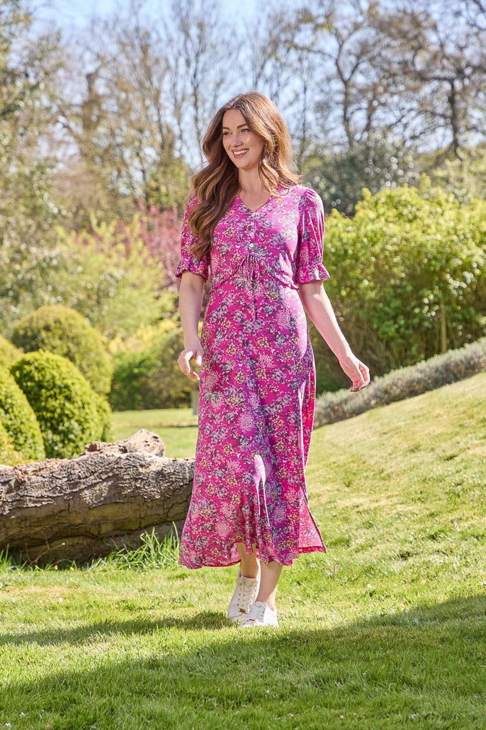 Ditsy Print Tie Front Dress - Pink-Dresses-Paco