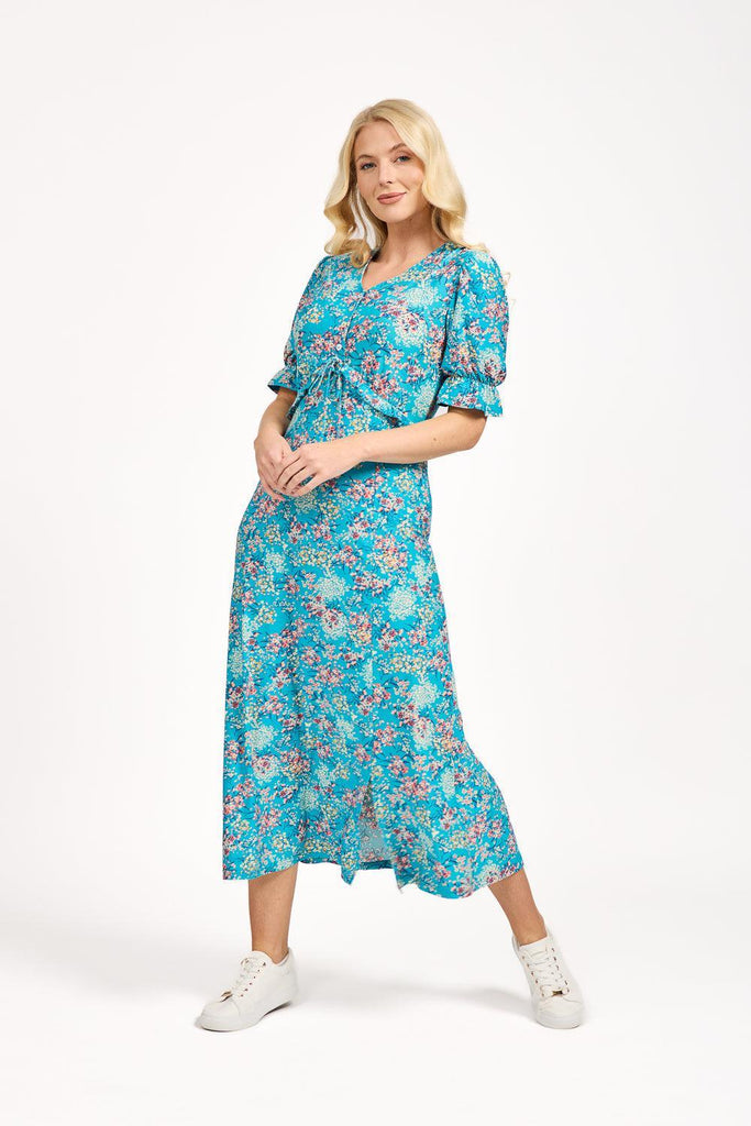 Ditsy Print Tie Front Dress - Teal-Dresses-Paco