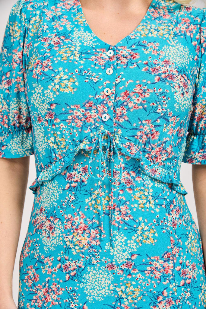 Ditsy Print Tie Front Dress - Teal-Dresses-Paco