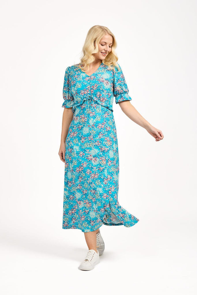 Ditsy Print Tie Front Dress - Teal-Dresses-Paco