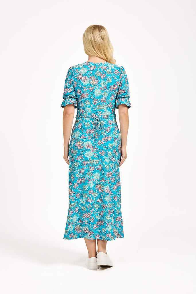 Ditsy Print Tie Front Dress - Teal-Dresses-Paco