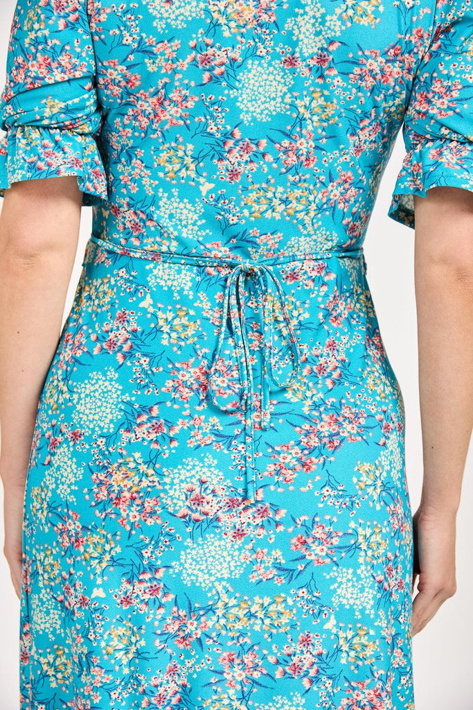 Ditsy Print Tie Front Dress - Teal-Dresses-Paco