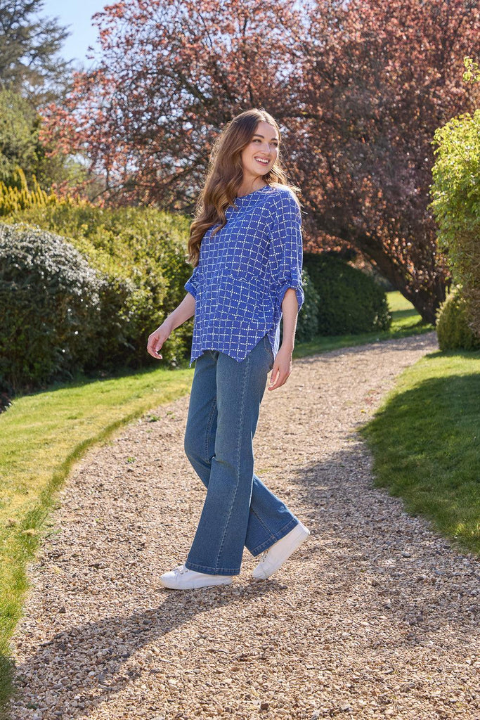 Dotted Check Print Linen Top - Blue-Tops-Paco