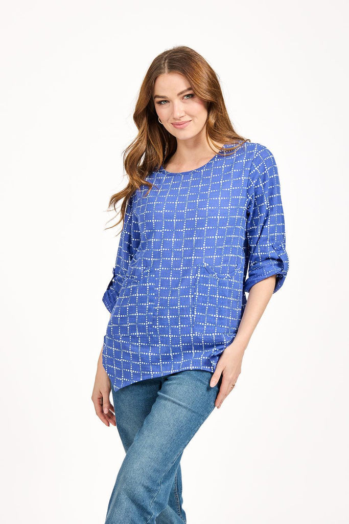 Dotted Check Print Linen Top - Blue-Tops-Paco