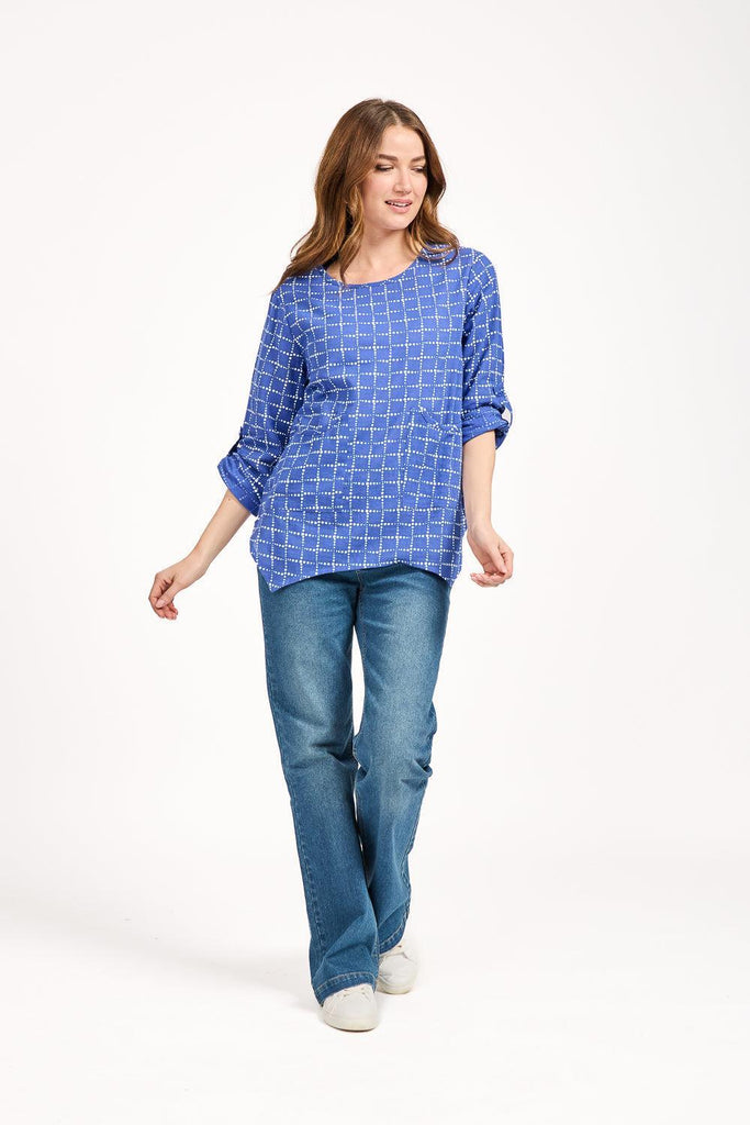 Dotted Check Print Linen Top - Blue-Tops-Paco