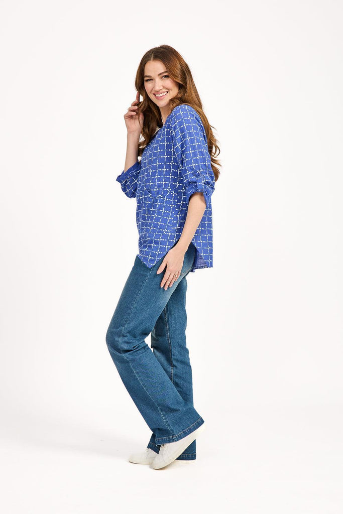 Dotted Check Print Linen Top - Blue-Tops-Paco
