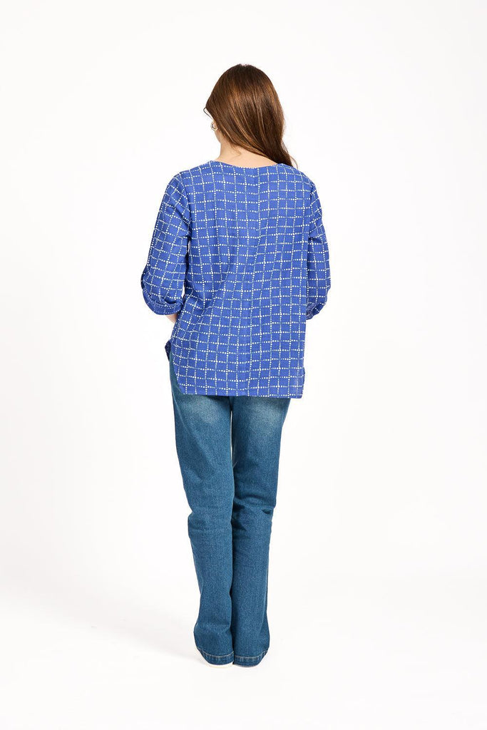 Dotted Check Print Linen Top - Blue-Tops-Paco