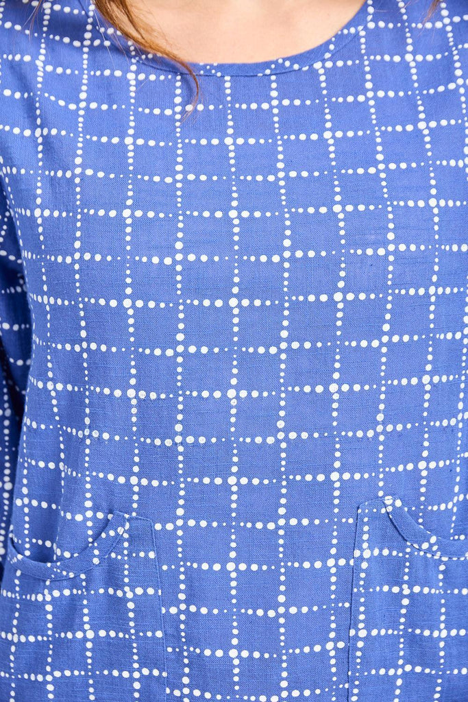 Dotted Check Print Linen Top - Blue-Tops-Paco