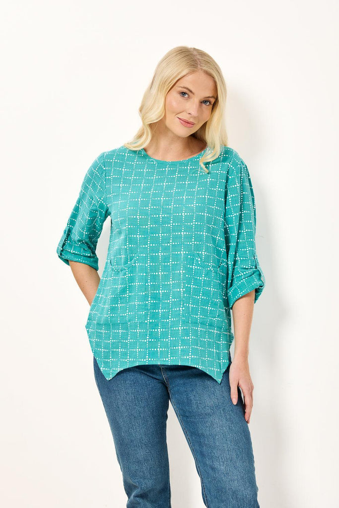Dotted Check Print Linen Top - Green-Tops-Paco