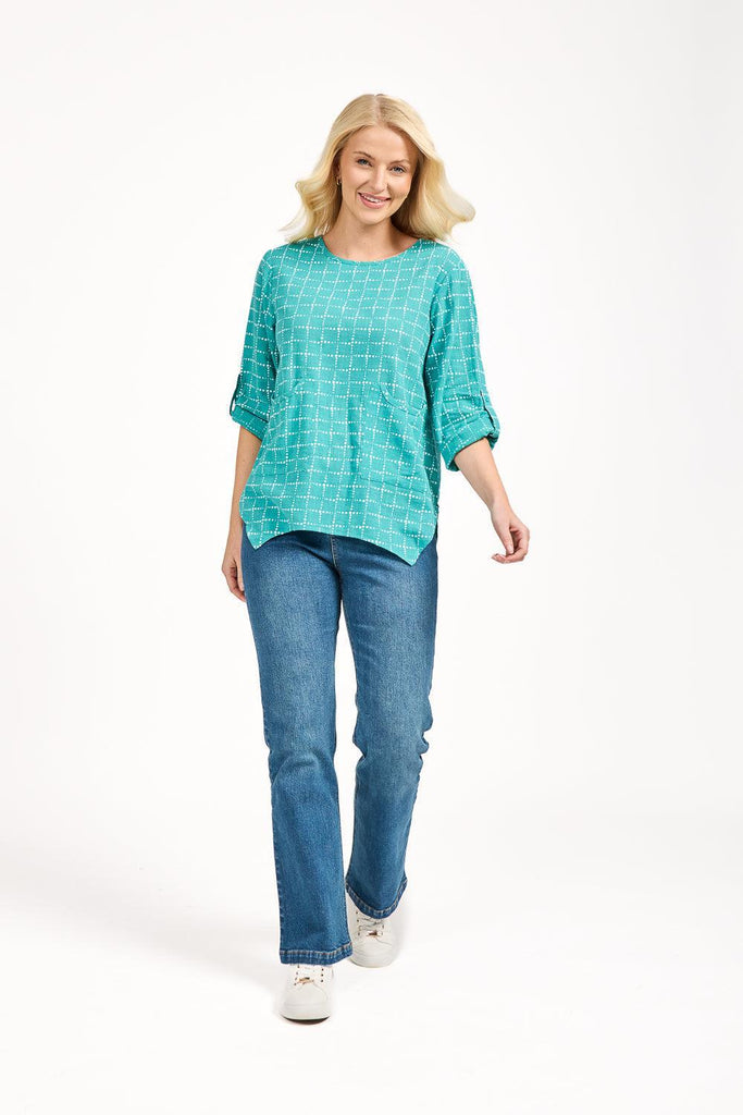 Dotted Check Print Linen Top - Green-Tops-Paco