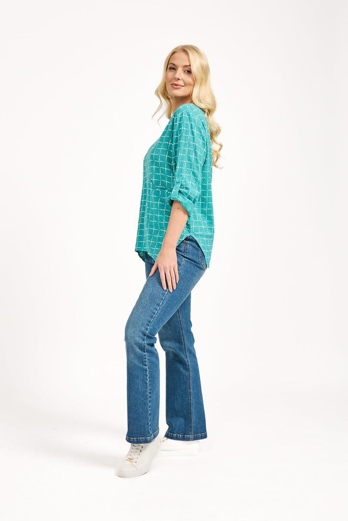 Dotted Check Print Linen Top - Green-Tops-Paco