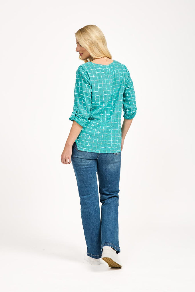 Dotted Check Print Linen Top - Green-Tops-Paco