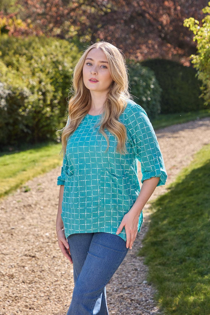 Dotted Check Print Linen Top - Green-Tops-Paco