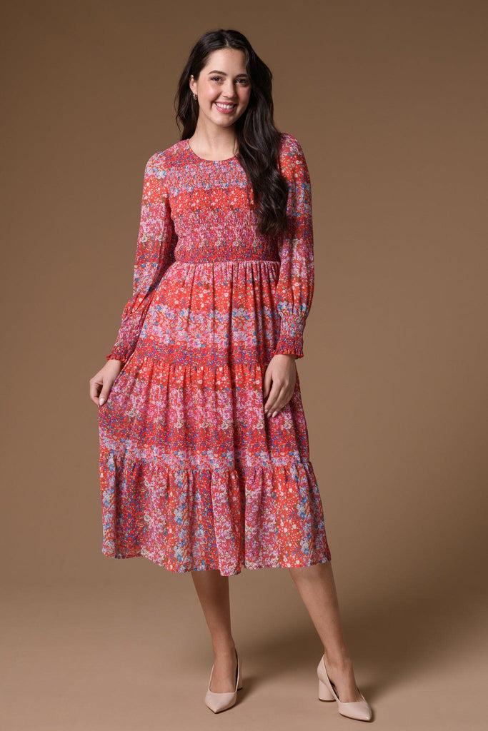 Elastic Detail Red Print Dress-Dresses-Paco