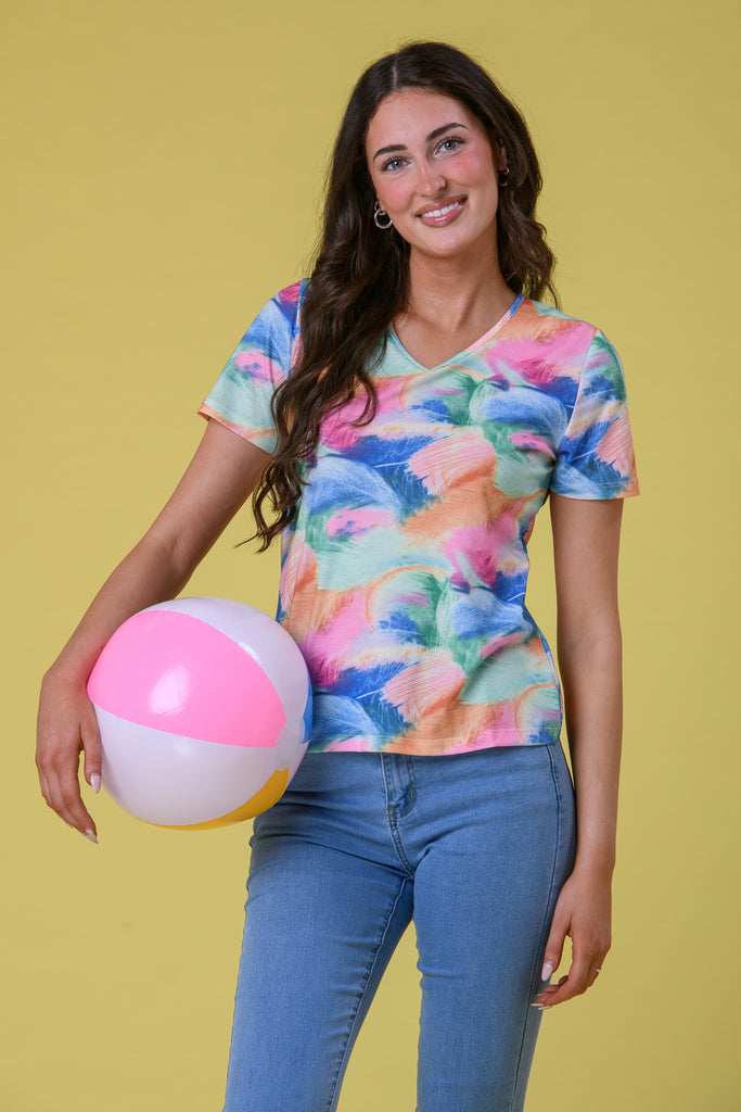 Feather Print V Neck - Multi-Basics-Paco