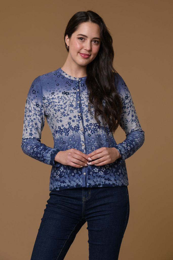 Floral Border Brushed Cardigan- Blue-Cardigans-Paco