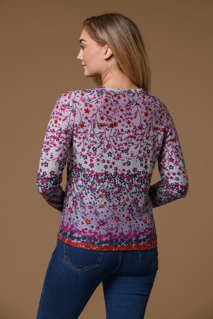 Floral Border Brushed Cardigan-Pink-Cardigans-Paco