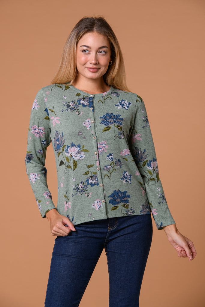 Floral Brushed cardigan Mint-Knitwear-Paco