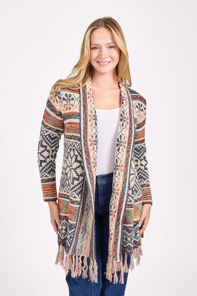 Floral Cardigan With Fringe Hem-Knitwear-Paco