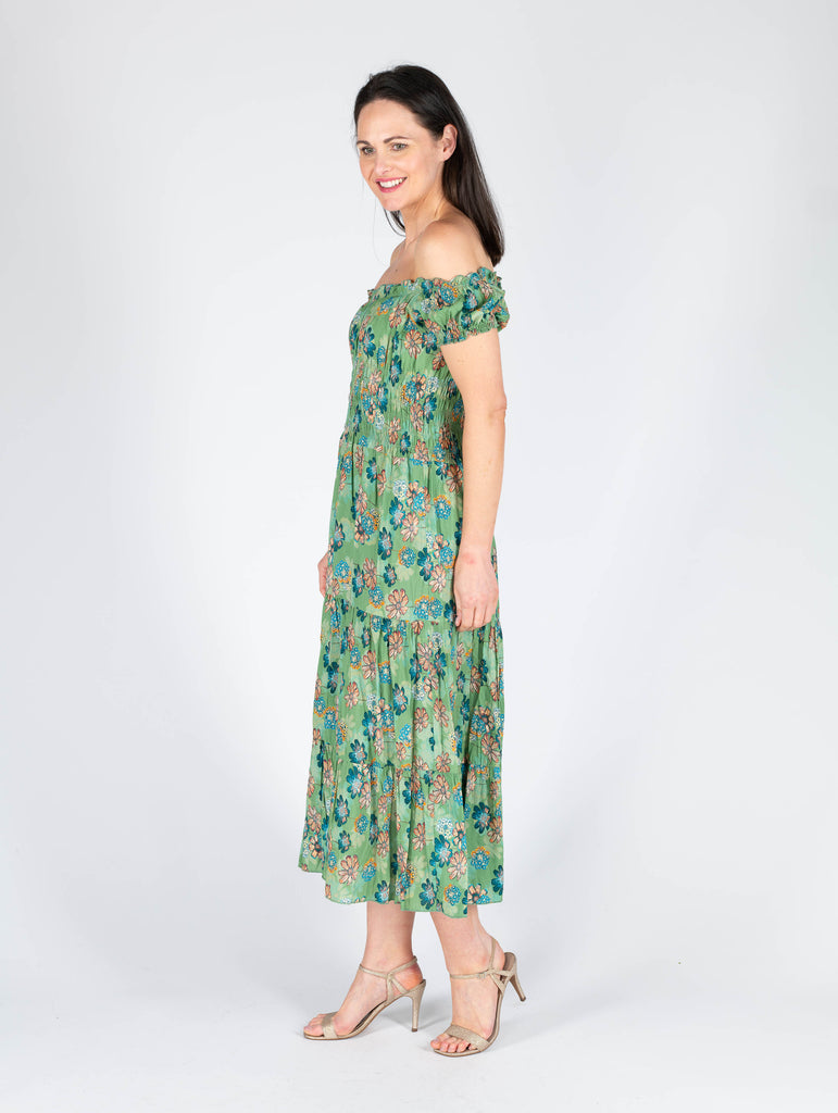 Floral Print Gathered Neck Line - D29820 - Green-Dresses-Paco