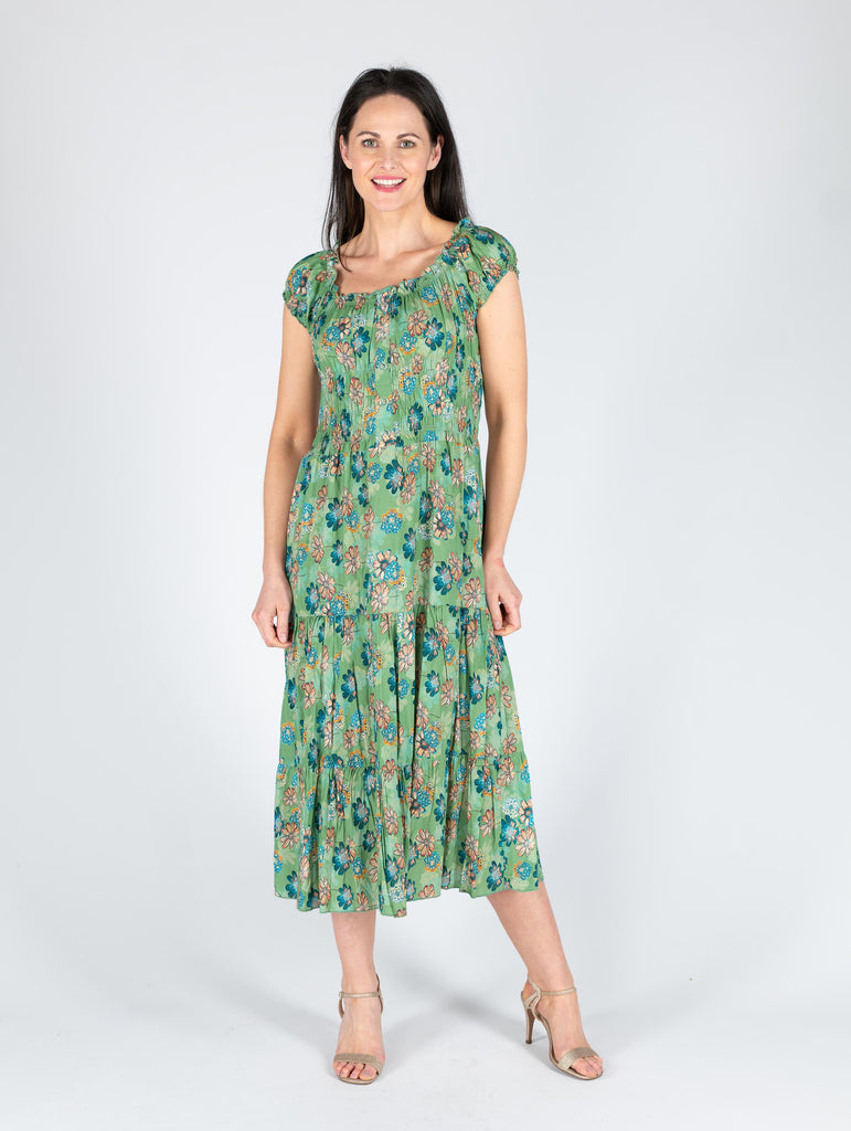 Floral Print Gathered Neck Line - D29820 - Green-Dresses-Paco
