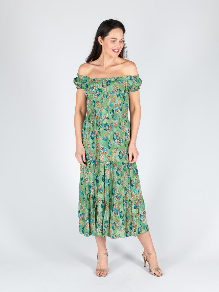 Floral Print Gathered Neck Line - D29820 - Green-Dresses-Paco