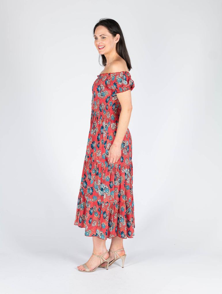 Floral Print Gathered Neck Line - D29820 - Red-Dresses-Paco