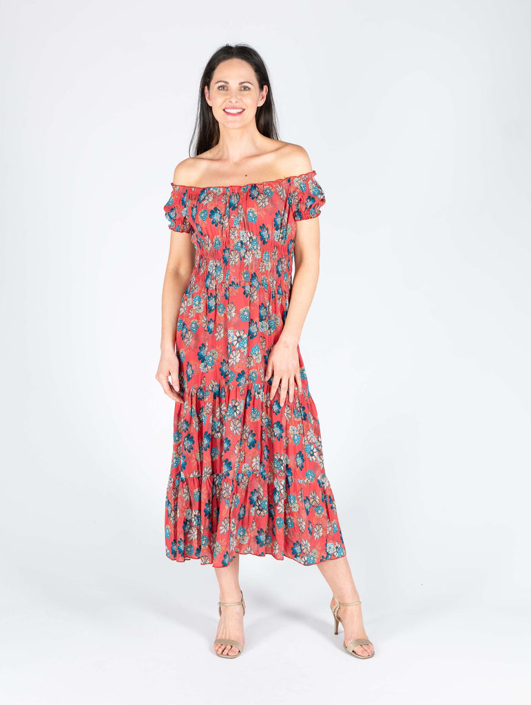 Floral Print Gathered Neck Line - D29820 - Red-Dresses-Paco