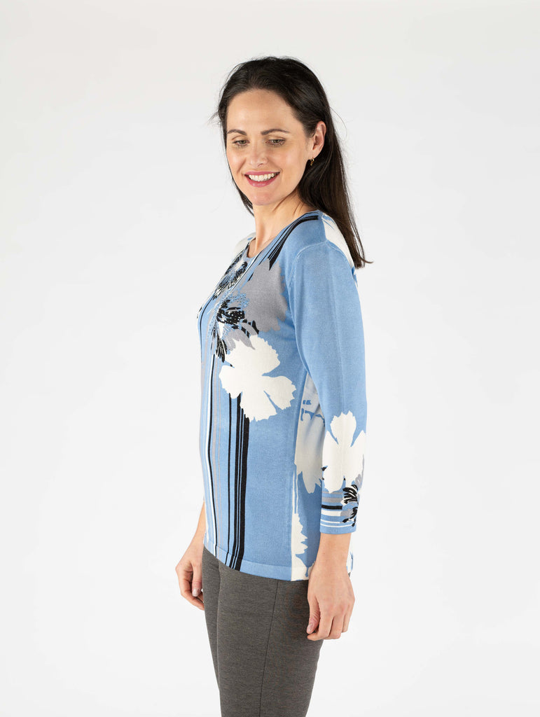 Floral Print Jumper Round Neck 3/4 Sleeve - JU29779 - Blue-Knitwear-Paco