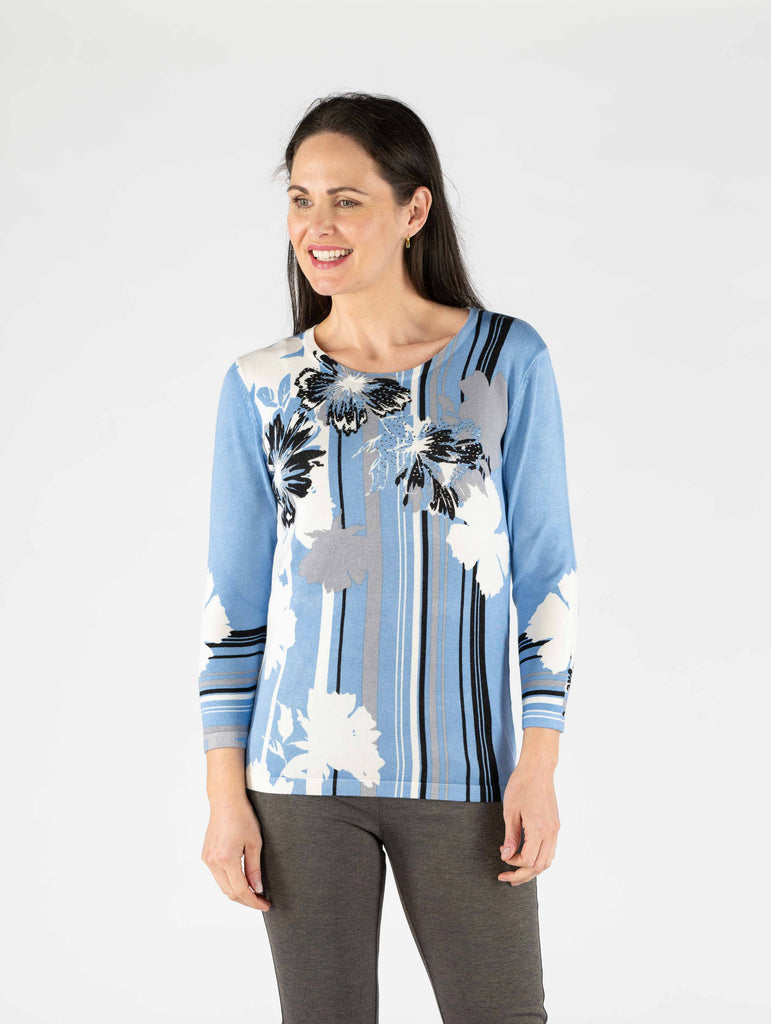 Floral Print Jumper Round Neck 3/4 Sleeve - JU29779 - Blue-Knitwear-Paco