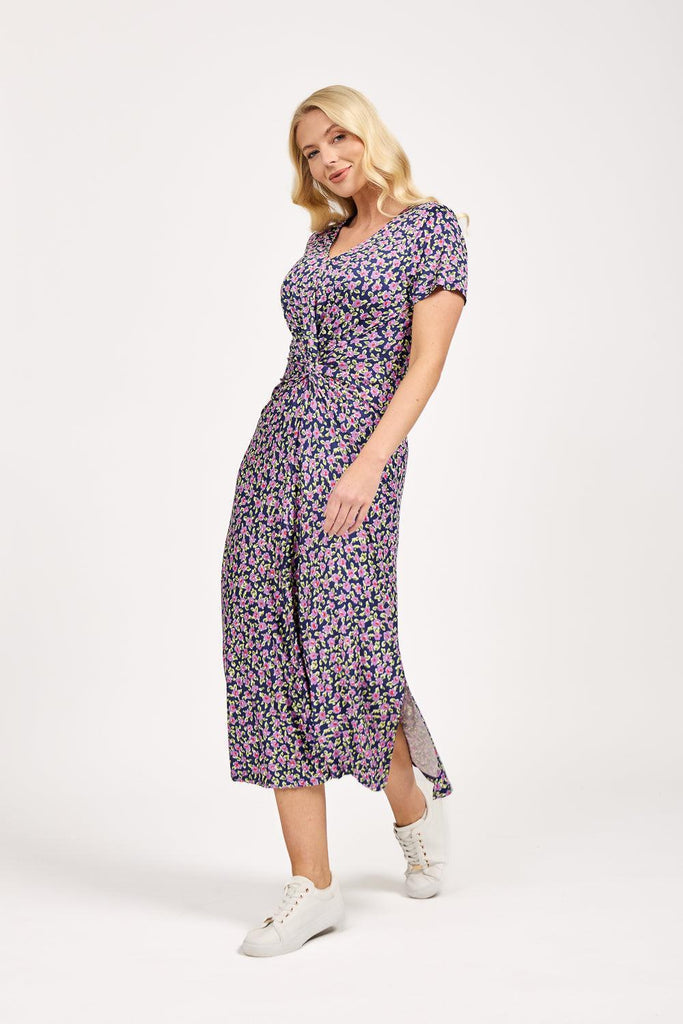 Floral Print Knot Dress - Purple-Dresses-Paco