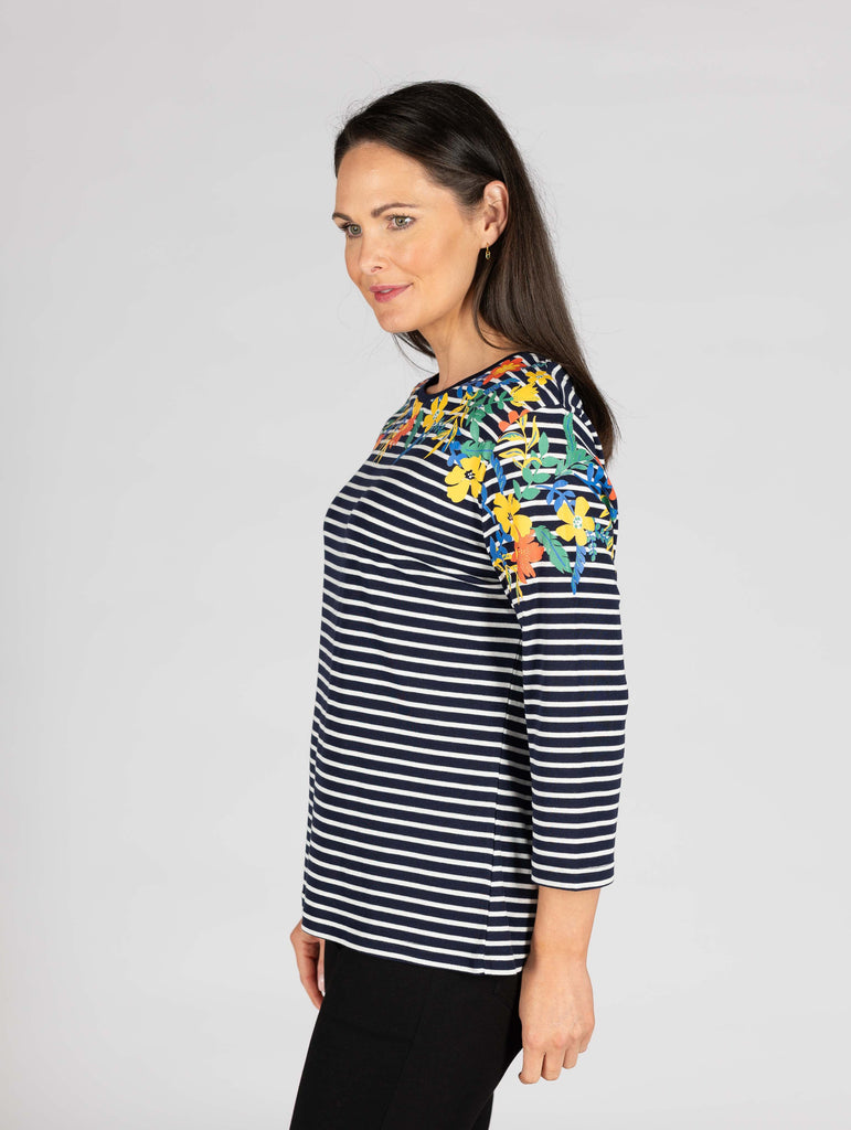 Floral Print Stripe Top-Tops-Paco