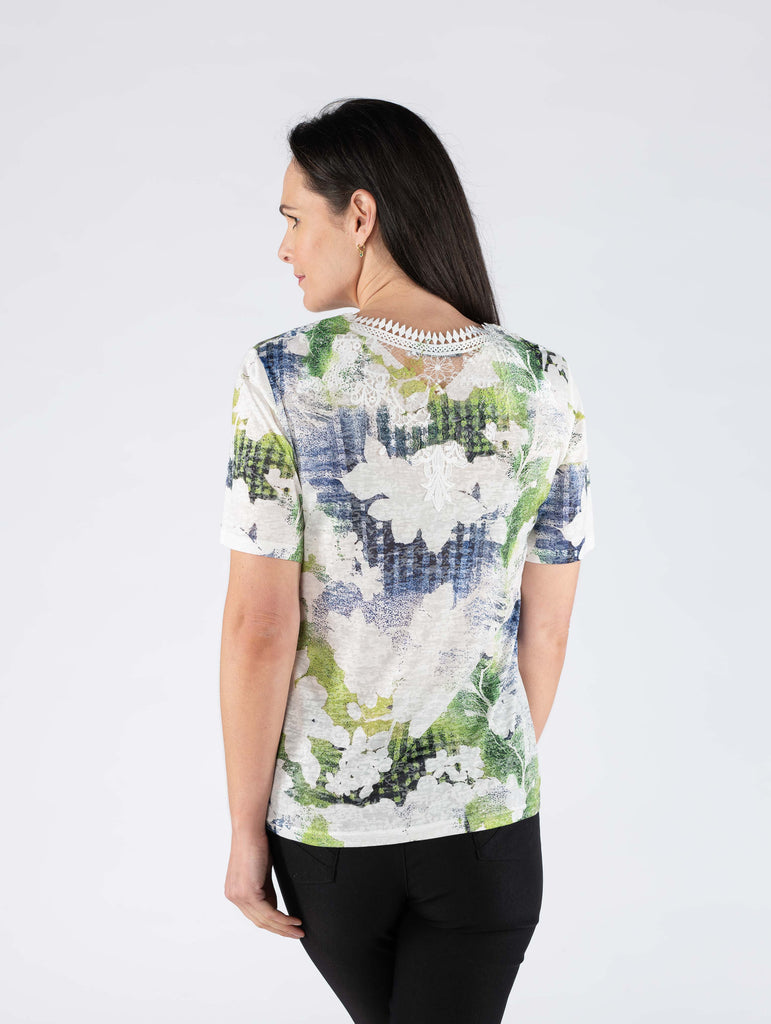 Floral Print Top With Black Lace - TO29868 White green-Tops-Paco