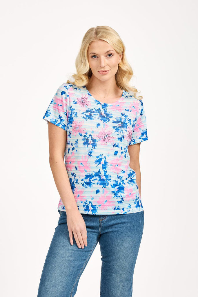 Floral Stripe Print Top - Blue Combo-Tops-Paco