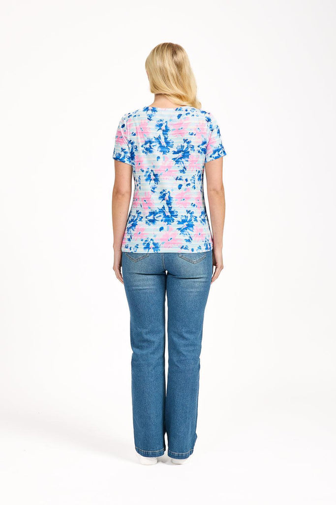 Floral Stripe Print Top - Blue Combo-Tops-Paco
