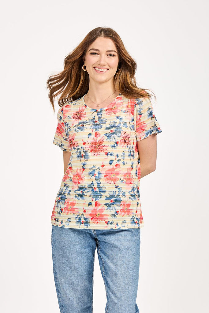 Floral Stripe Print Top - Red Combo-Tops-Paco