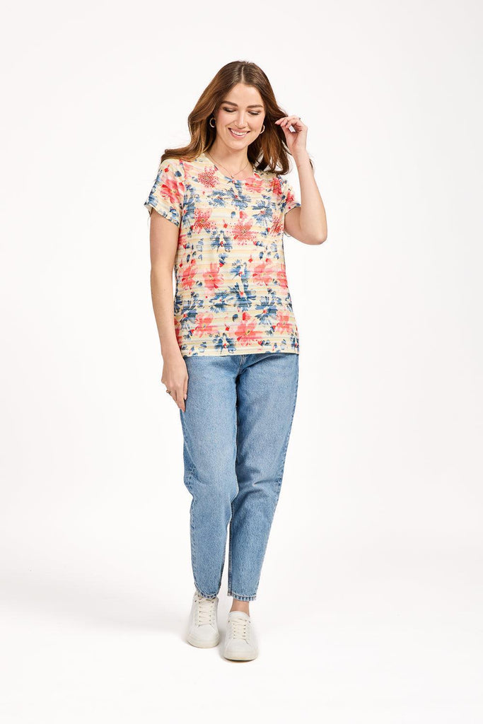 Floral Stripe Print Top - Red Combo-Tops-Paco