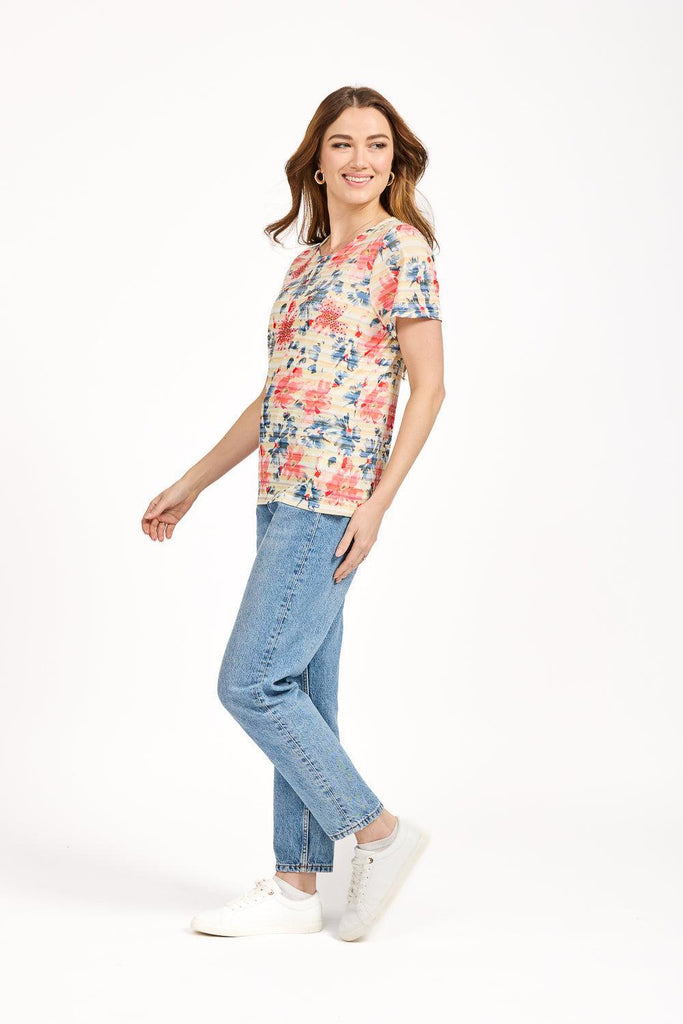 Floral Stripe Print Top - Red Combo-Tops-Paco